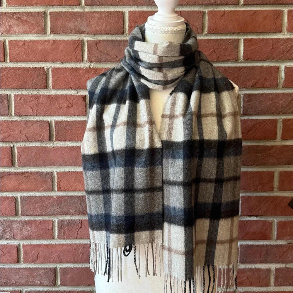 Nordstrom 100% Cashmere Plaid Fringe Scarf 11.5”x78” NEW